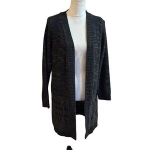 Devoted Aztec Print Open Front Long Cardigan Size M Black Gray Knit READ